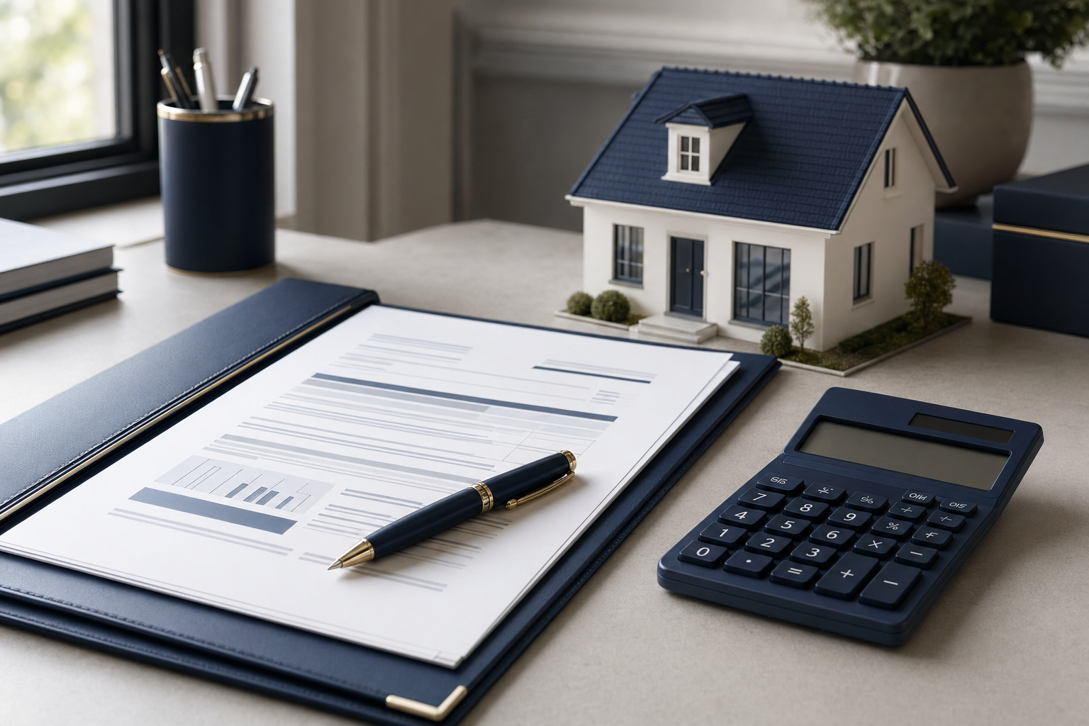 Mesa de trabajo con documentos hipotecarios y calculadora